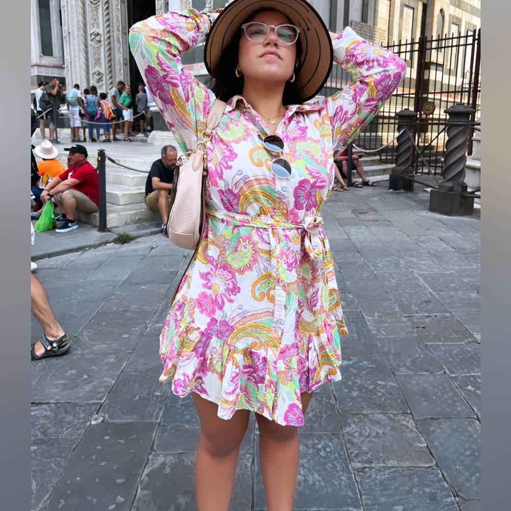 ZARA Paisley floral print long sleeve summer flowy collar belt day casual dress